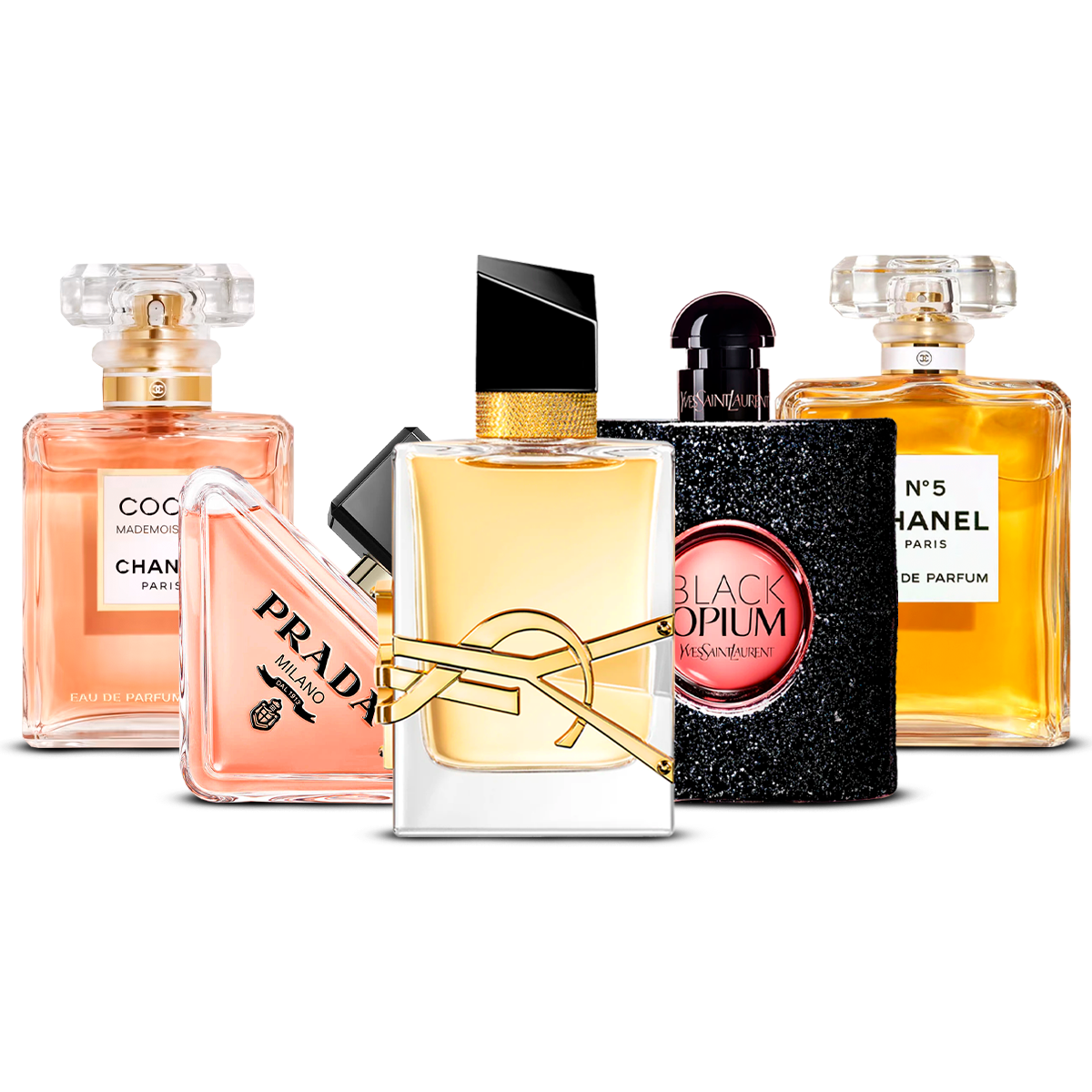 Zestaw 5 Perfum – Coco Mademoiselle, Prada Paradoxe, Libre, Black Opium i Chanel N°5 [100 ml každý]